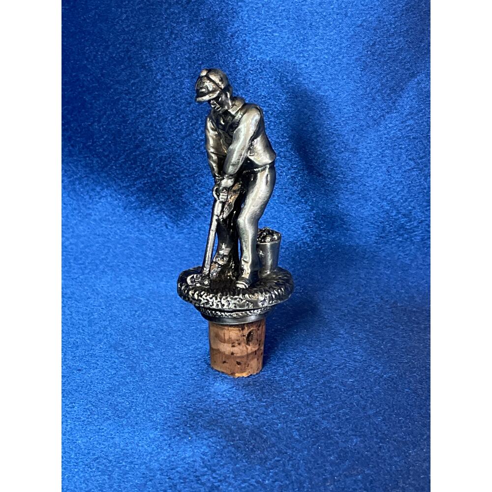Pewter Golfer with Bucket of Golf Balls Cork Bottle Stopper